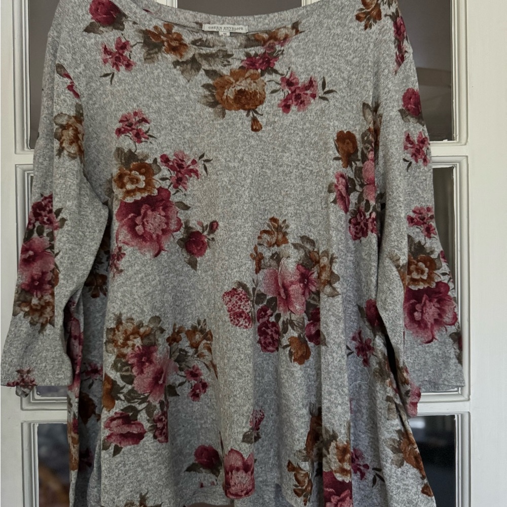 Grey Floral Top with Pink Flower Accents